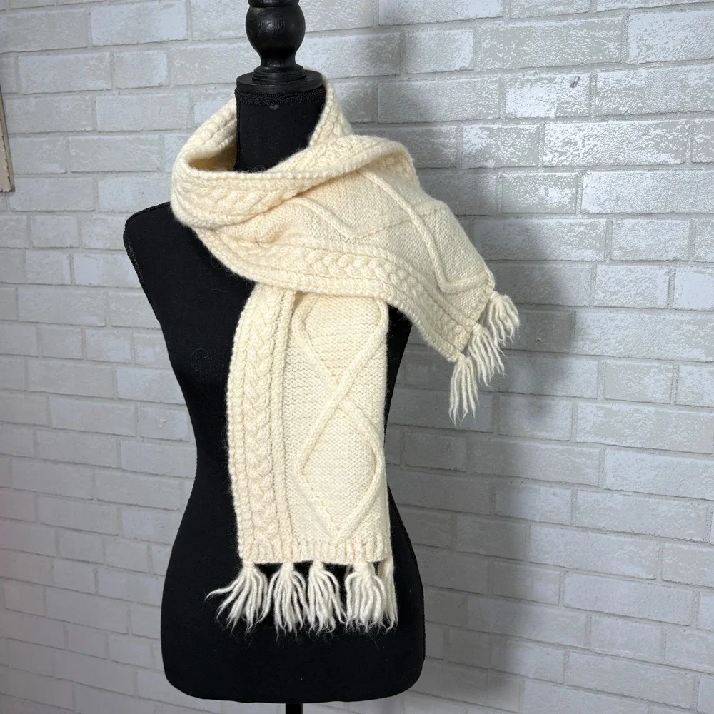 Wool Cable Knit Scarf‎ Chunky Fringe Fisherman Classic Hand Knit